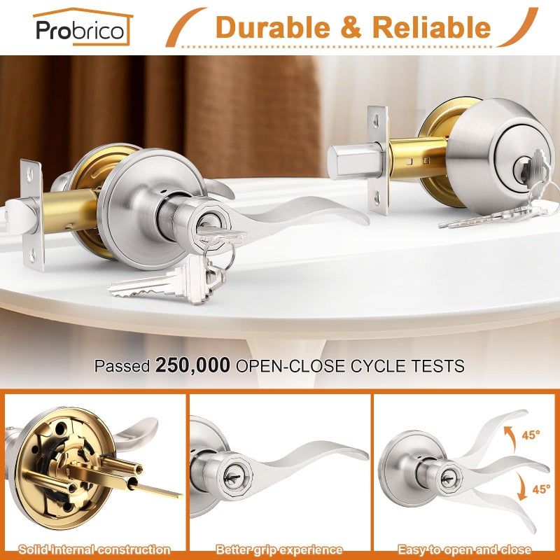 Probrico 5 Sets-Keyed Alike Entry Door Levers with Single Cylinder Deadbolts, Keyed Handleset for Front Door Exterior and Interior Hardware, Entry Lockset Lever Set Satin Nickel, Contractor Pack - Image 4